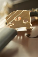 Extreme closeup of a violin.