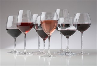 Many glasses of different red wines.