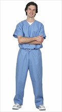 Man wearing hospital scrubs.