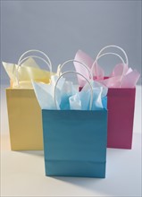 Colorful gift bags with tissue paper.