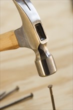 Closeup of hammer and nail.