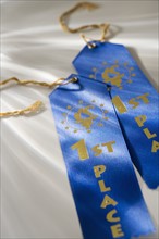 Closeup of blue ribbons.