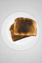 Burned toast on plate.