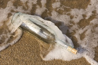 Message in bottle washing up on shore.