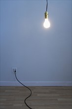 Bare light bulb in empty room.