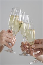 Group of hands toasting champagne flutes.