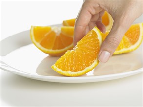 Closeup of plate of orange slices .