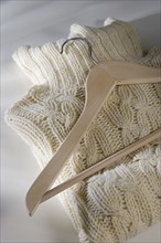 Folded sweater with hanger.