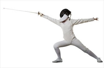Studio shot of person in fencing outfit.