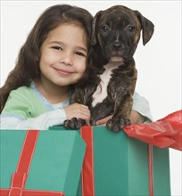 Hispanic girl with puppy in gift box.
