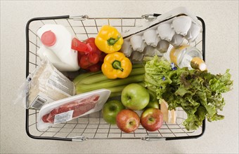 Overhead view of groceries in basket.
