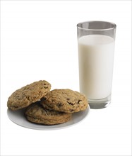 A glass of milk and cookies.