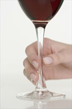 Female hand holding glass of wine.
