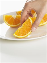 Closeup of plate of orange slices .