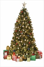 Studio shot of Christmas tree with gifts.