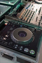 Closeup of DJ sound equipment.