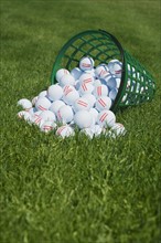 Basket of golf balls spilling onto grass.