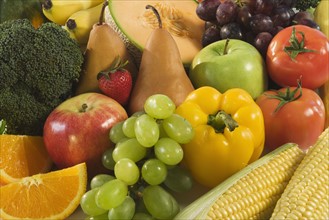 Close up of fresh fruits and vegetables.