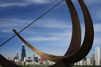 Adler Planetarium sundial and city skyline Chicago Illinois USA.