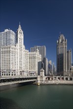 Michigan Avenue Bridge with Tribune Tower and Wrigley Building Chicago Illinois USA.