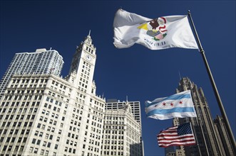 Wrigley Building with flags Chicago Illinois USA.