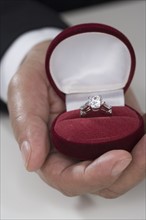 Close up of diamond ring in velvet box.