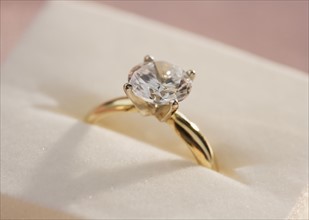 Closeup of a diamond engagement ring.