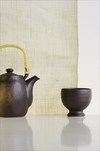Close up of teapot and cup.