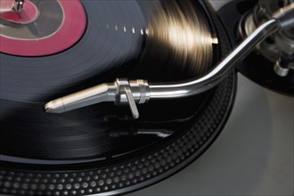Closeup of a turntable and record.
