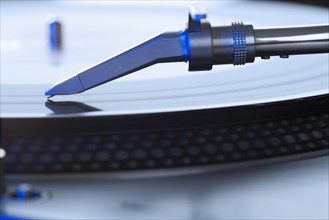 Closeup of a turntable and record.