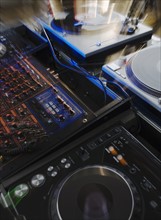 Closeup of DJ equipment.