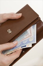 Hand taking Euros from a wallet.
