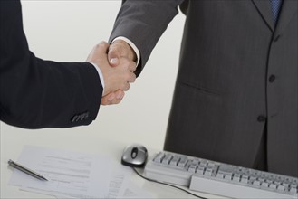 Businessmen shaking hands over computer.