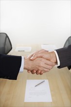 Businessmen shaking hands over table.