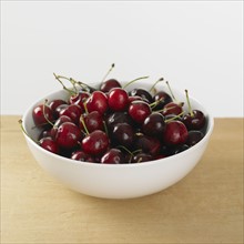 Close up of bowl of cherries.