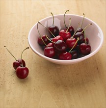 Close up of cherries in bowl.