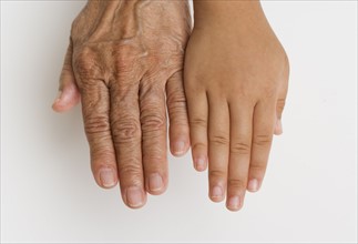 Close up of child's hand next to senior's hand.