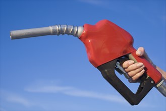 Woman holding gas pump nozzle.