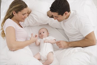 Parents smiling at baby in bed.