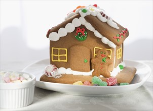 Close up of gingerbread house.