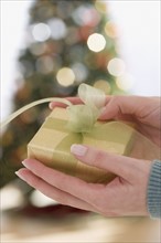 Close up of woman holding Christmas gift.