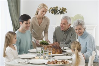 Family eating at Thanksgiving table.