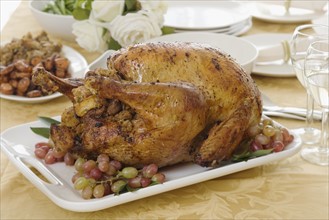 Thanksgiving turkey on table.