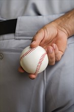Close up baseball pitcher holding baseball behind back.