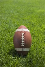 Close up of football in grass.