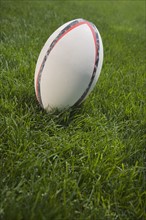 Close up of football on grass.