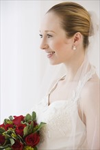 Close up of bride holding bouquet.