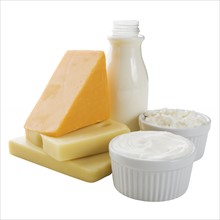 Close up of milk, cheese and dairy products.