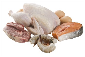 Close up of poultry, beef and seafood.