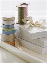 Ribbon, gift boxes and wrapping paper.